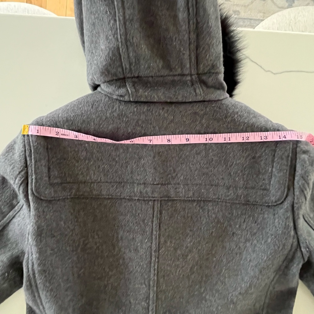 Burberry Brit Grey Wool Duffle Toggle Coat with Black Fox Fur Trimmed Hood Sz 4 - Picture 16 of 16